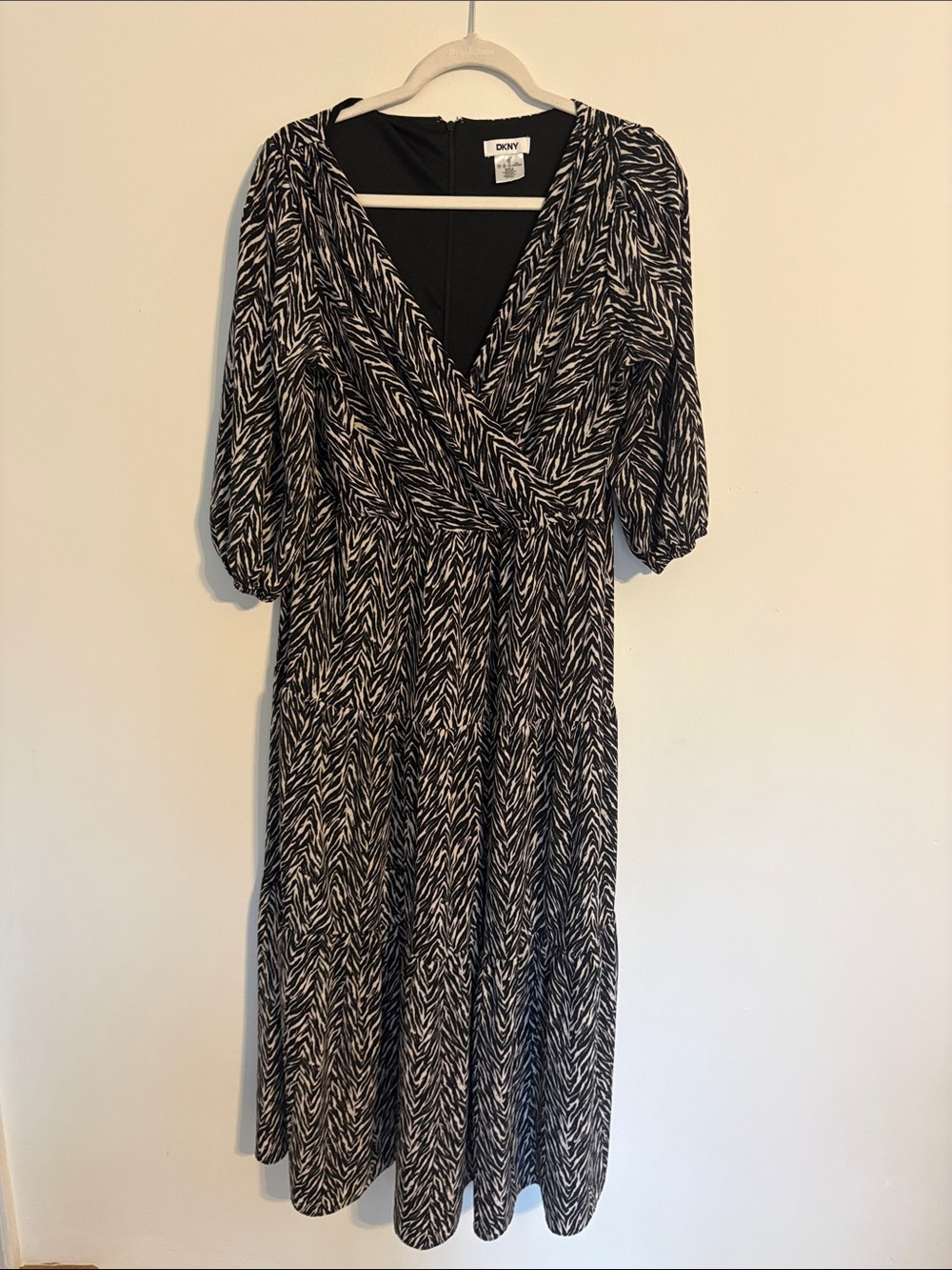 DKNY Black and White Wrap-Style Midi Dress